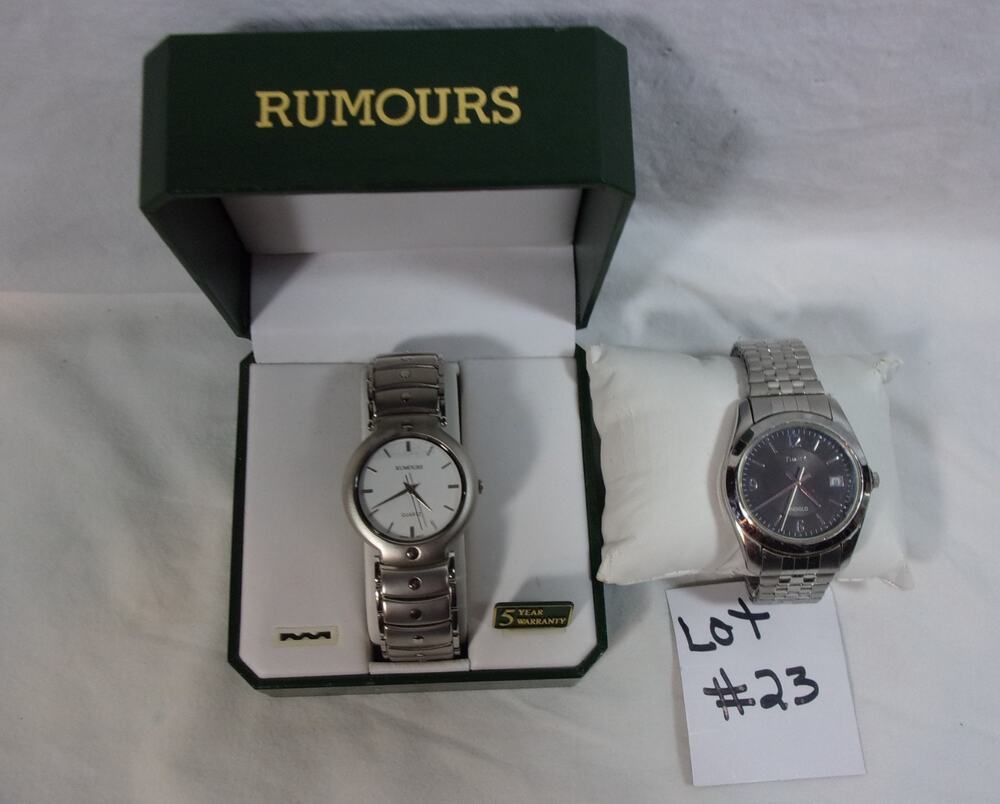 LOT OF TWO MEN'S WATCHES ONE RUMOURS QUARTZ ONE TIMEX INDIGLO-BOTH WORKING